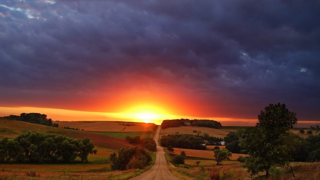 Amazing Sunrise At The End Of A Country Road HD Desktop Background